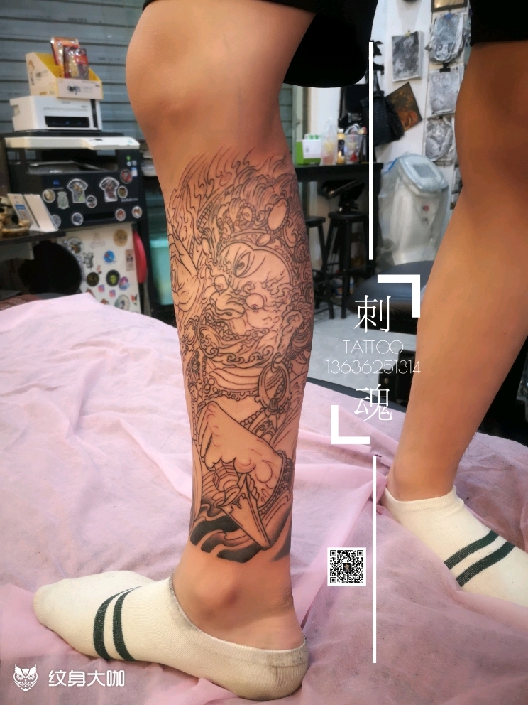 包小腿天王二郎神线条_纹身图案手稿图片_谭昌武的纹身作品集