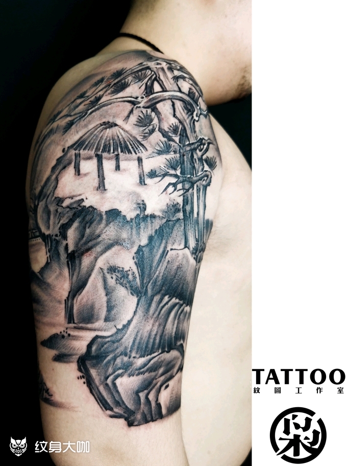 中国风山水_纹身图案手稿图片_匠人枭的纹身作品集