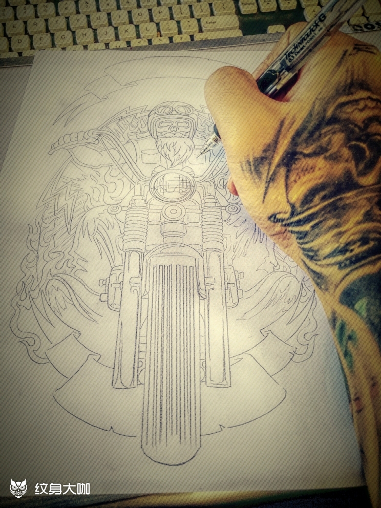 哈雷纹身#机车纹身#摩托纹身_纹身图案手稿图片_黑羽的纹身作品集