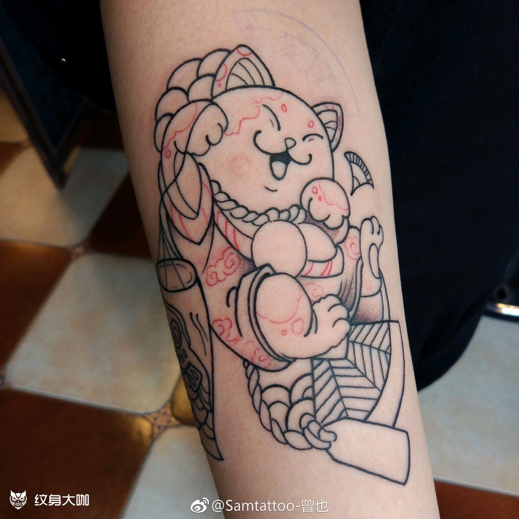 招财猫与鲤鱼旗【割线】_纹身图案手稿图片_曾也的纹身作品集