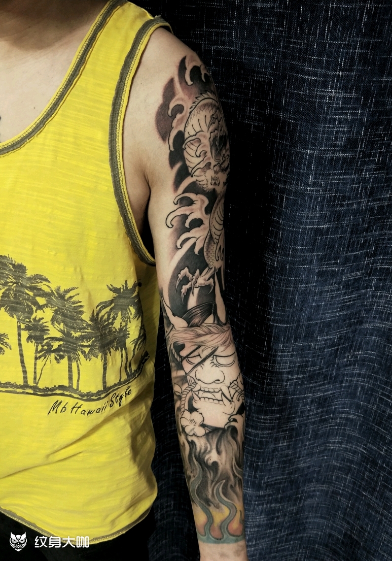 传统花臂 大龙加般若 未完成_纹身图案手稿图片_王勇的纹身作品集