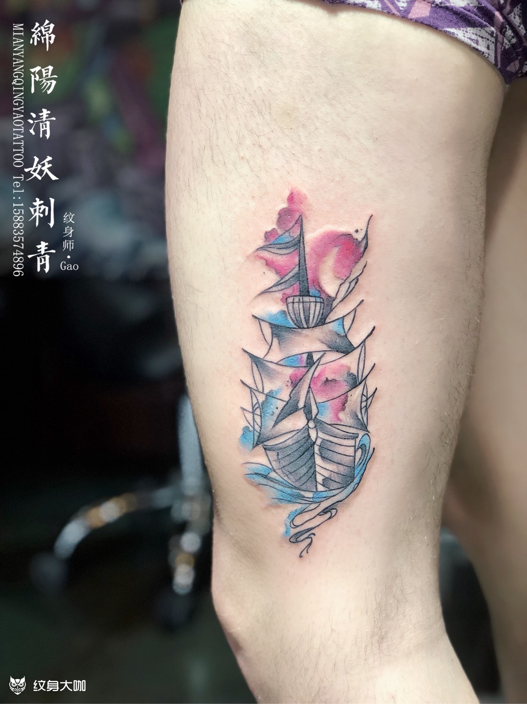 大腿外侧帆船纹身高作品