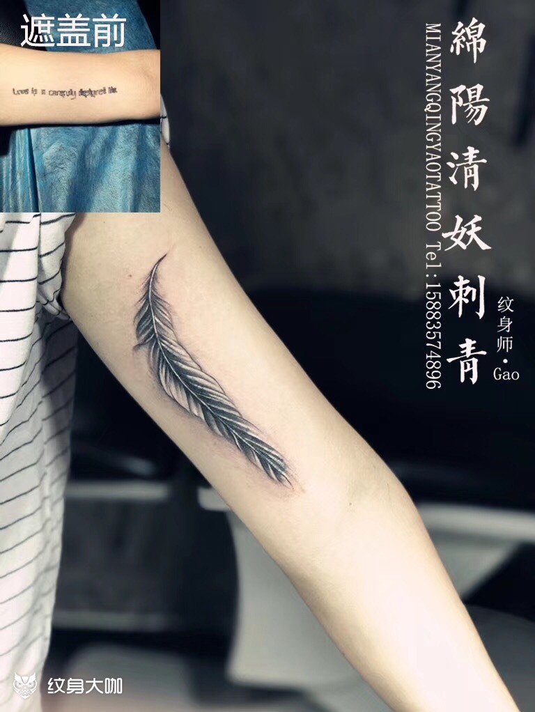 大臂内侧羽毛遮盖纹身 高作品_纹身图案手稿图片_李中杨的纹身作品集