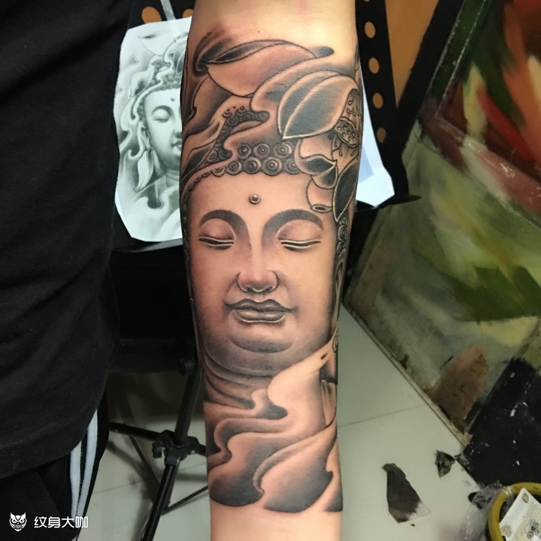佛头,牡丹包小臂._纹身图案手稿图片_道格tattoo的纹身作品集