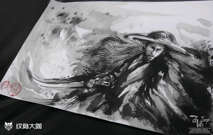 侠客中国风手稿泼墨水墨抽象_纹身图案手稿图片_长沙08子沐的纹身