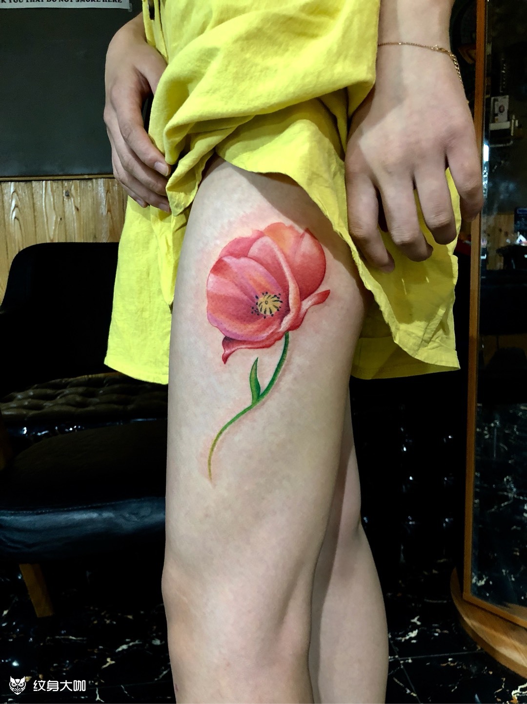 虞美人,大腿纹身_纹身图案手稿图片_丁小琴的纹身作品集