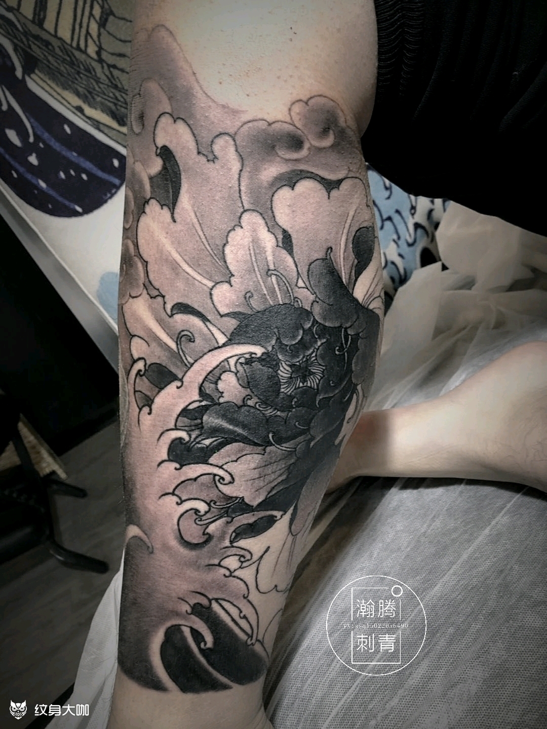 牡丹水浪包小腿_纹身图案手稿图片_孙奇的纹身作品集