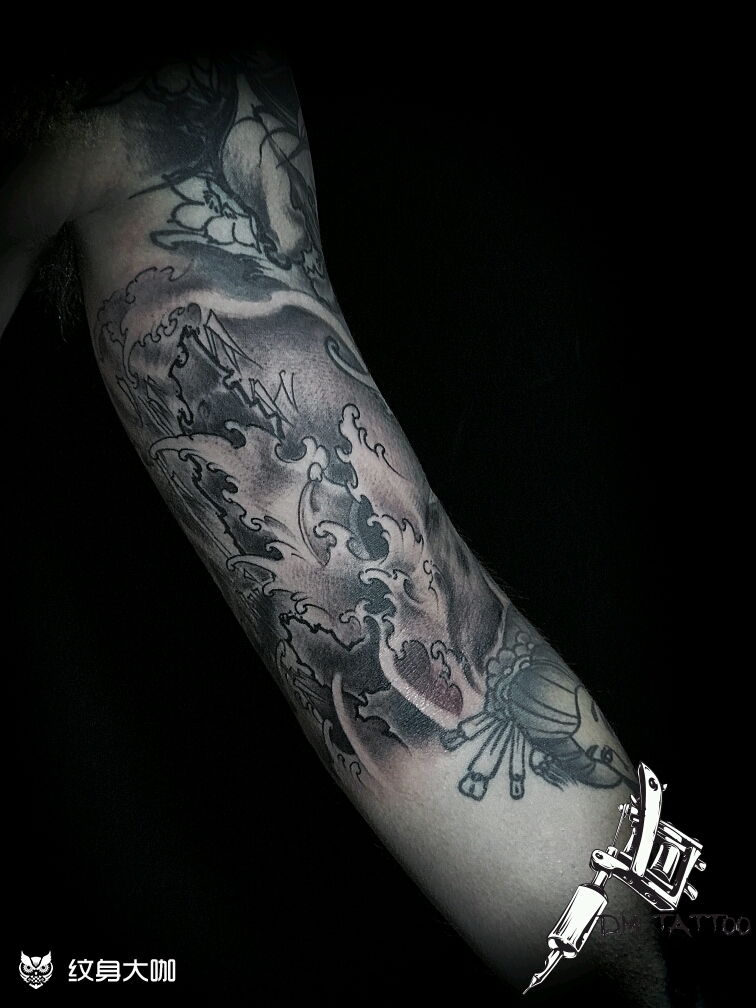 传统山水花臂衔接_纹身图案手稿图片_骑不快的小马的纹身作品集