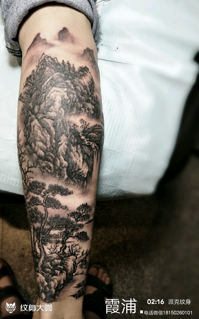 山水包小腿_纹身图案手稿图片_阮克支的纹身作品集