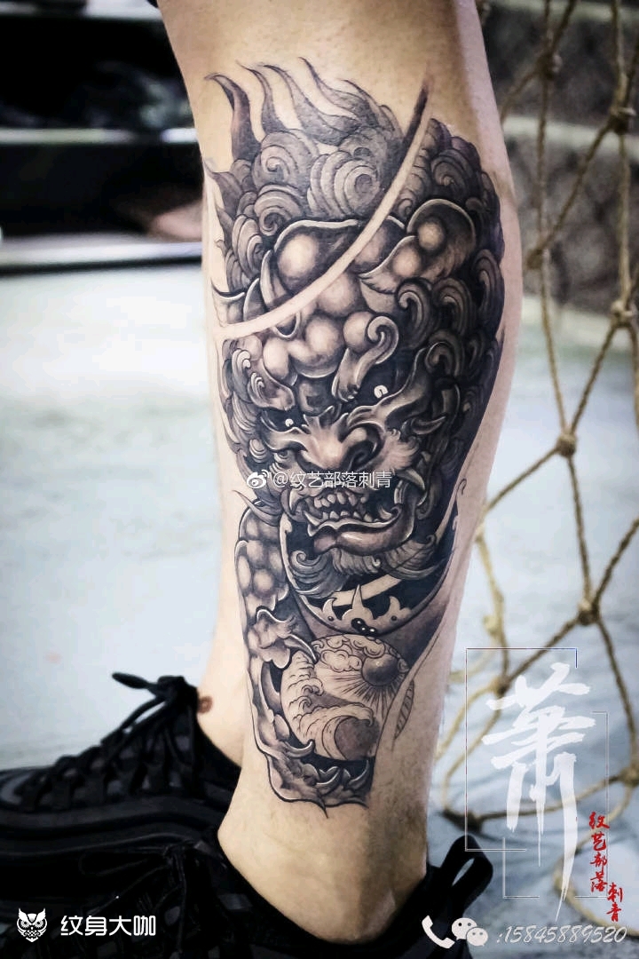 小腿唐狮_纹身图案手稿图片_肖雨亭的纹身作品集