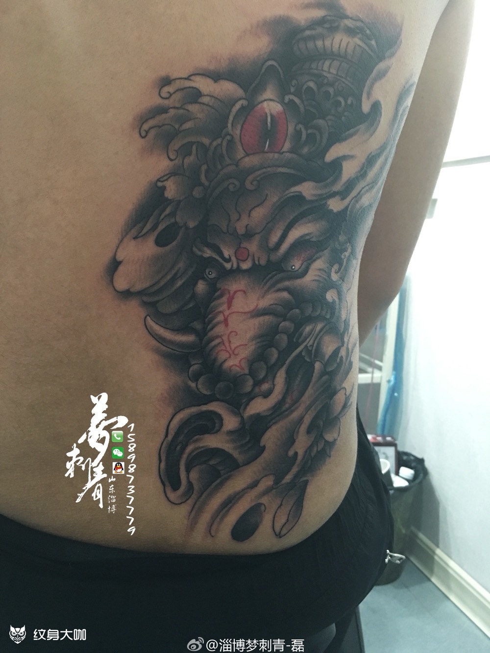 侧腰象神 遮盖胎记 _纹身图案手稿图片_刘磊的纹身作品集