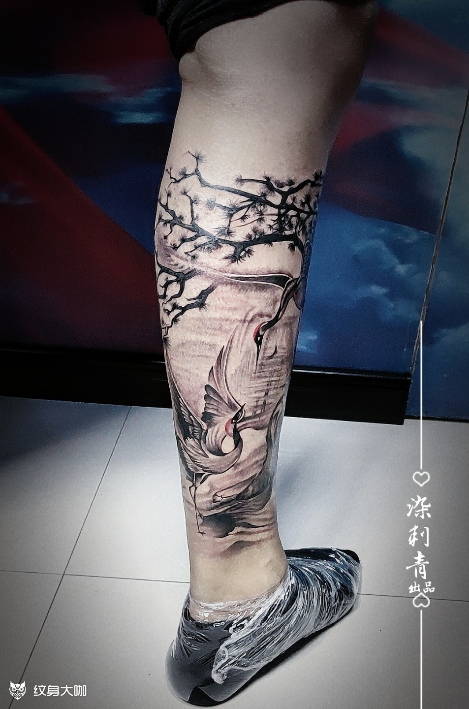 仙鹤纹身图案小腿图片