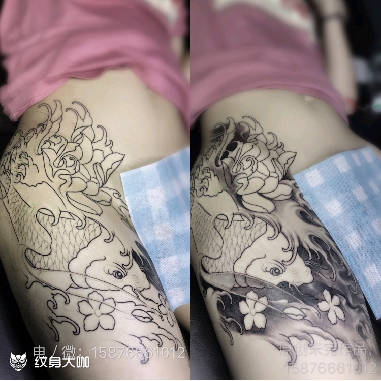 大腿鲤鱼_纹身图案手稿图片_yan的纹身作品集